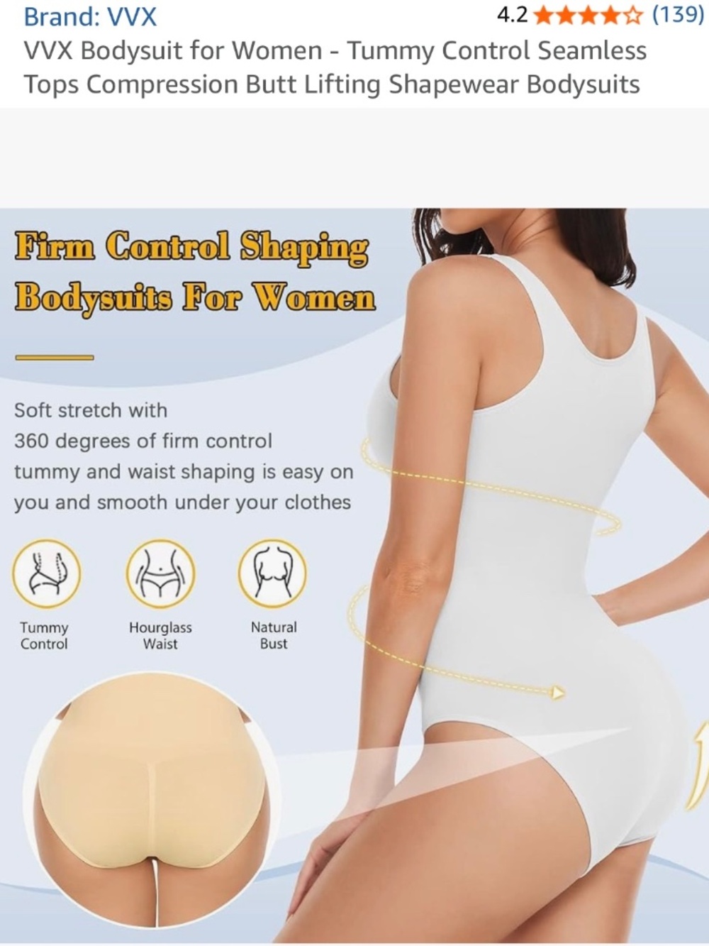 VVX Women Seamless Tummy Control Bodysuit White M/L Medium Compression - Picture 2 of 7